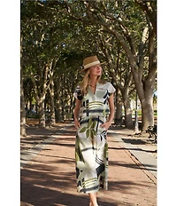 Feather Gray Olive Leafy Graphic Print Twofer Midi Dress