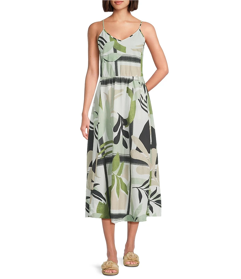 Feather Gray Olive Leafy Graphic Print Twofer Midi Dress