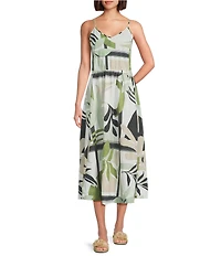 Feather Gray Olive Leafy Graphic Print Twofer Midi Dress
