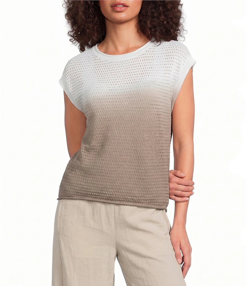 Feather Gray Ombre Print Crew Neck Cap Sleeve Open Knit Sweater