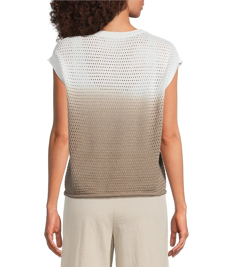 Feather Gray Ombre Print Crew Neck Cap Sleeve Open Knit Sweater