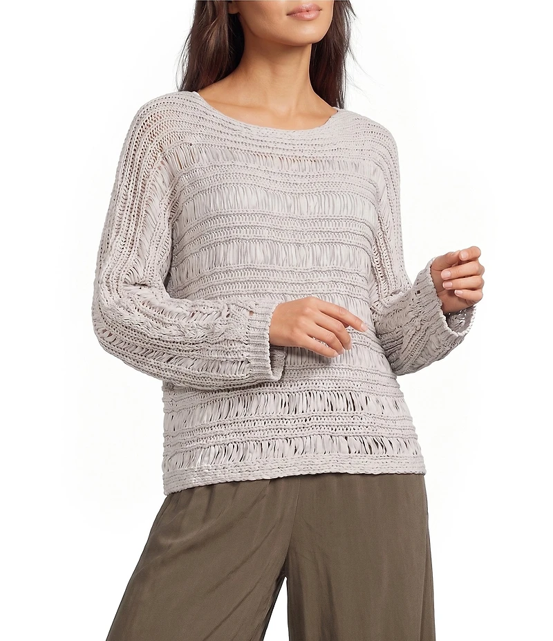 Feather Gray Open Stitch Knit Boat Neck Long Doman Sleeve Sweater
