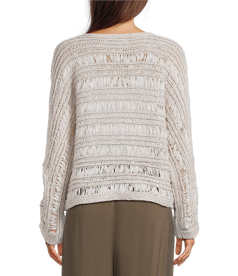 Feather Gray Open Stitch Knit Boat Neck Long Doman Sleeve Sweater
