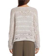 Feather Gray Open Stitch Knit Boat Neck Long Doman Sleeve Sweater