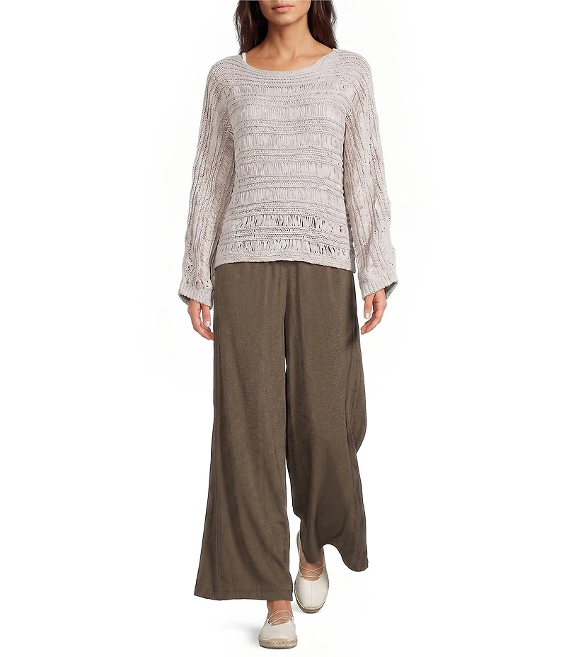 Feather Gray Open Stitch Knit Boat Neck Long Doman Sleeve Sweater
