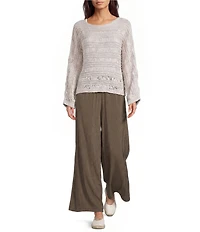 Feather Gray Open Stitch Knit Boat Neck Long Doman Sleeve Sweater