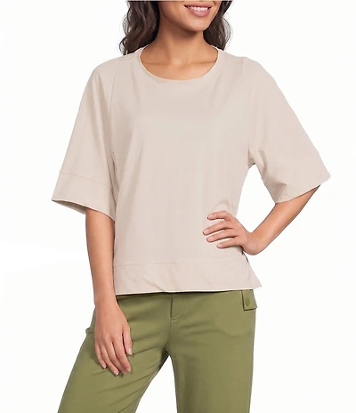 Feather Gray Pique Crepe Crew Neck 3/4 Batwing Sleeve High Low Hem Oversized T-Shirt