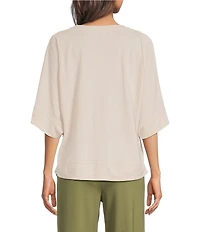 Feather Gray Pique Crepe Crew Neck 3/4 Batwing Sleeve High Low Hem Oversized T-Shirt