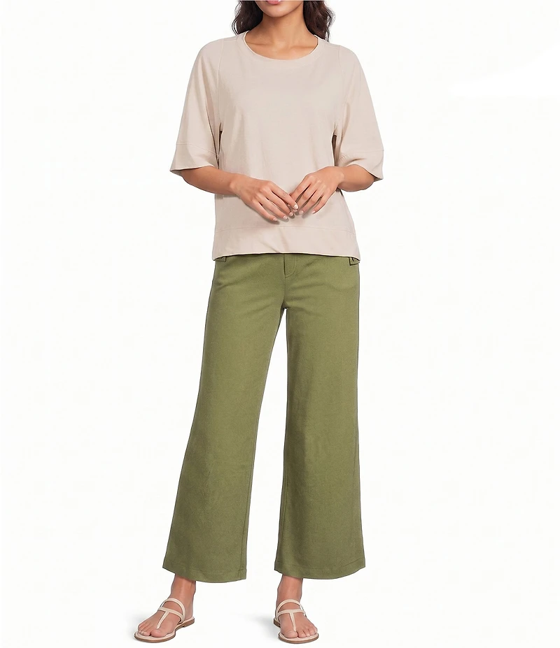 Feather Gray Pique Crepe Crew Neck 3/4 Batwing Sleeve High Low Hem Oversized T-Shirt