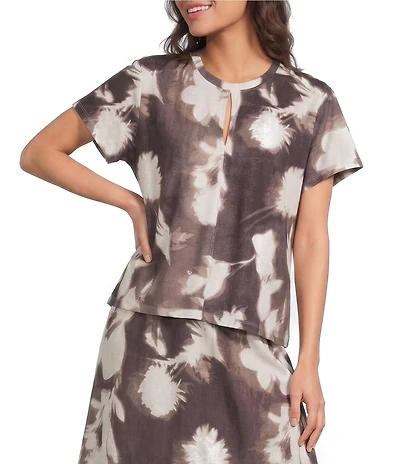 Feather Gray Stretch Knit Keyhole Crew Neck Short Sleeve Coordinating Top