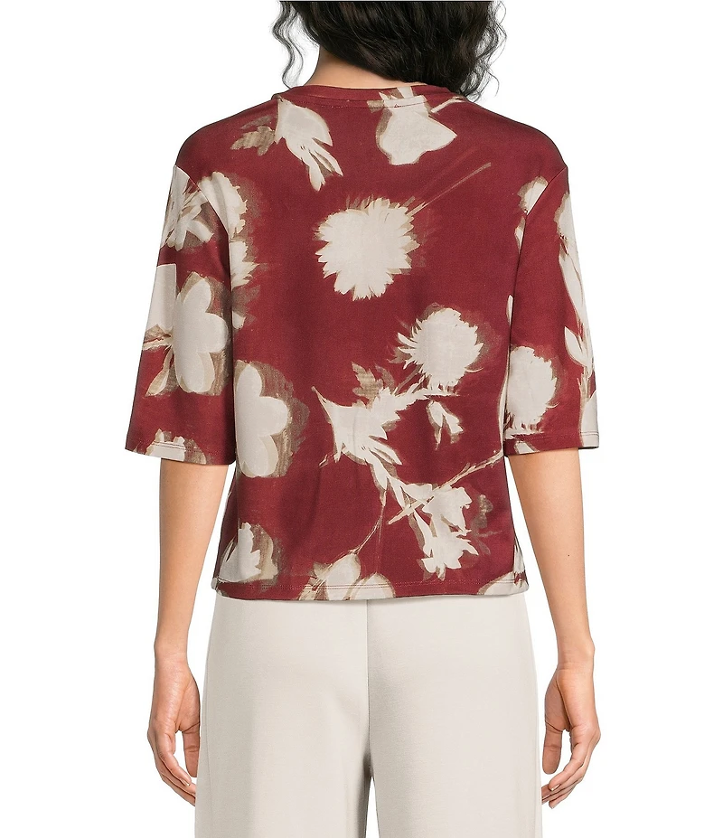 Feather Gray Stretch Knit Printed Crew Neck Elbow Length Sleeve Pullover Top