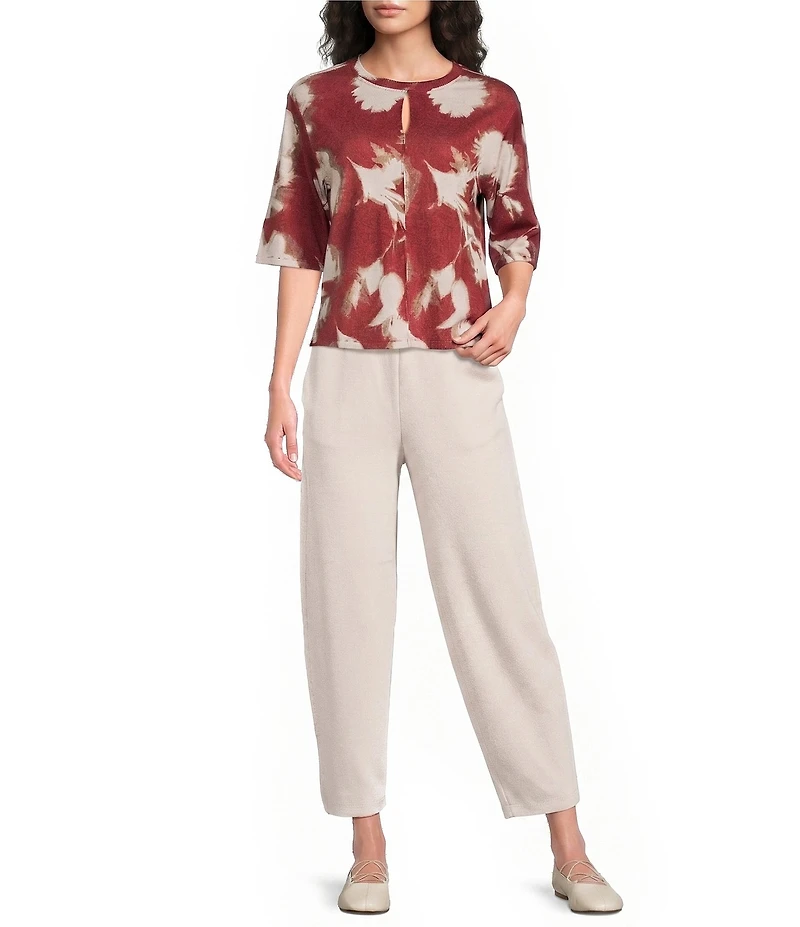 Feather Gray Stretch Knit Printed Crew Neck Elbow Length Sleeve Pullover Top