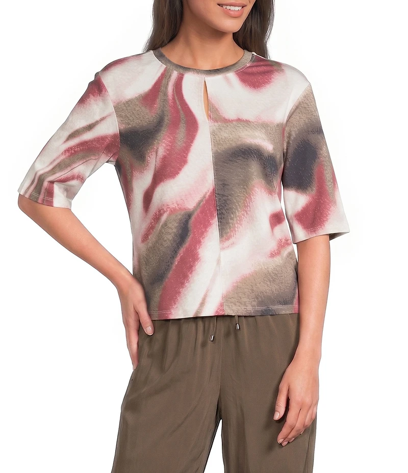 Feather Gray Stretch Knit Printed Crew Neck Elbow Length Sleeve Pullover Top