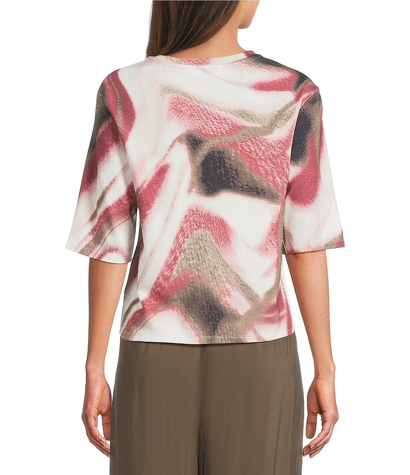 Feather Gray Stretch Knit Printed Crew Neck Elbow Length Sleeve Pullover Top