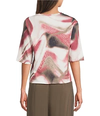 Feather Gray Stretch Knit Printed Crew Neck Elbow Length Sleeve Pullover Top
