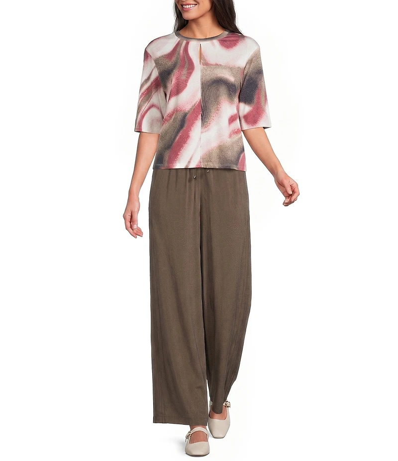 Feather Gray Stretch Knit Printed Crew Neck Elbow Length Sleeve Pullover Top