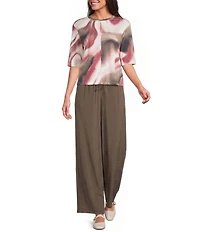 Feather Gray Stretch Knit Printed Crew Neck Elbow Length Sleeve Pullover Top