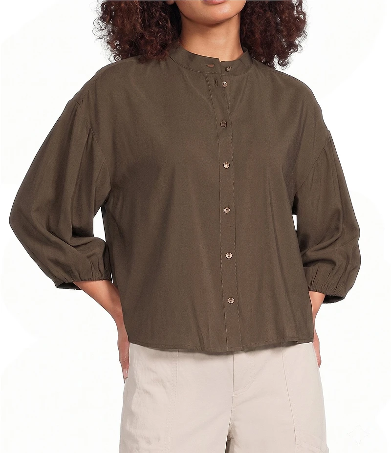 Feather Gray Sueded Luxe Woven Mandarin Collar 3/4 Cinched Cuff Sleeve Button Front Blouse