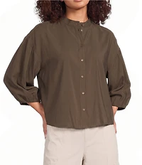 Feather Gray Sueded Luxe Woven Mandarin Collar 3/4 Cinched Cuff Sleeve Button Front Blouse