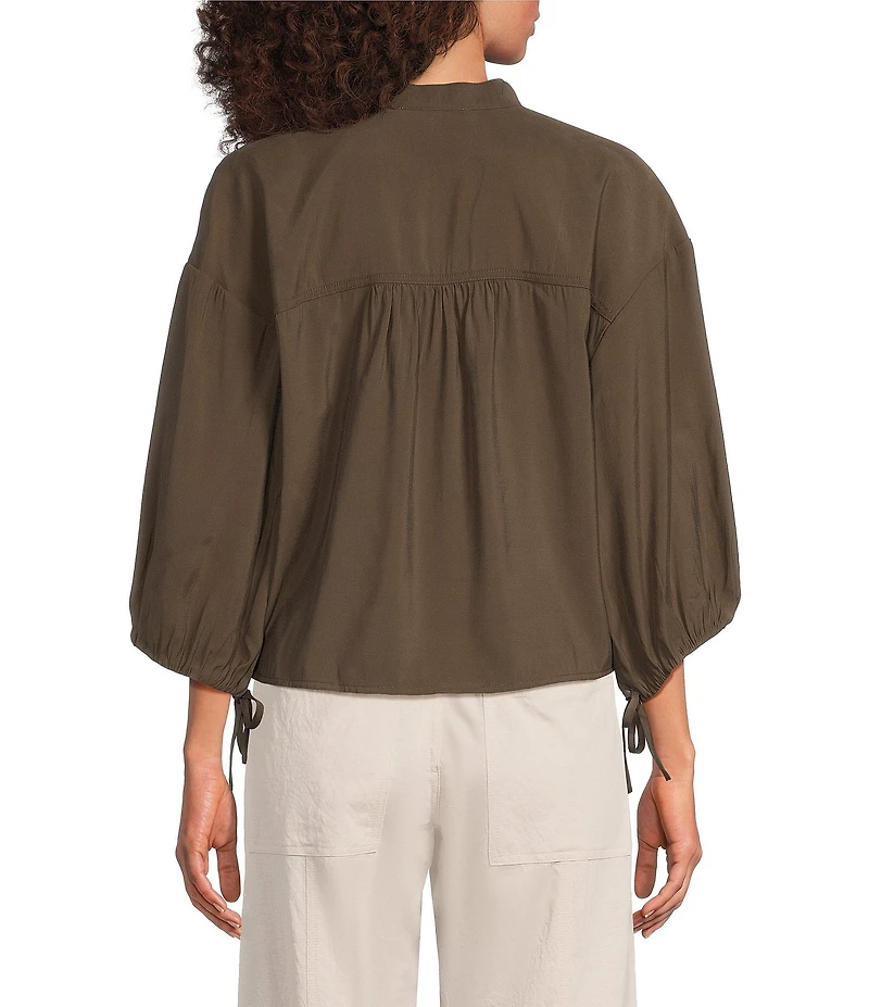 Feather Gray Sueded Luxe Woven Mandarin Collar 3/4 Cinched Cuff Sleeve Button Front Blouse