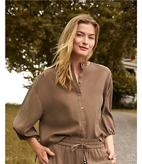 Feather Gray Sueded Luxe Woven Mandarin Collar 3/4 Cinched Cuff Sleeve Button Front Blouse