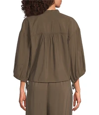 Feather Gray Sueded Luxe Woven Mandarin Collar 3/4 Cinched Cuff Sleeve Button Front Blouse