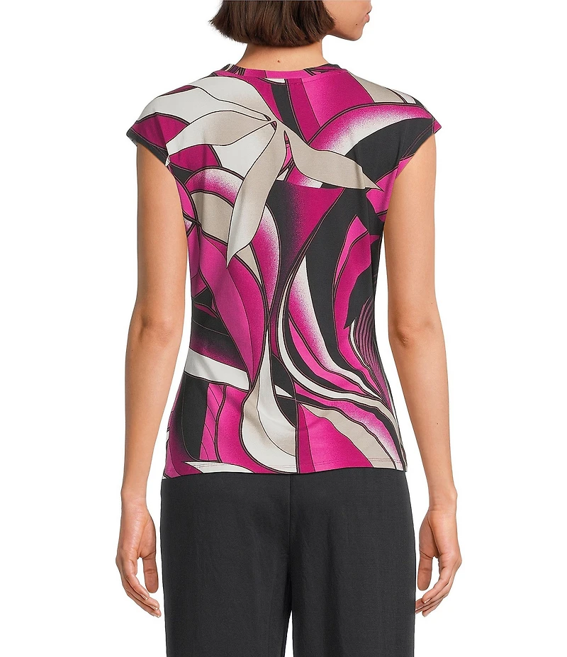 Feather Gray Swirl Leave Crew Neck Cap Sleeve Side Ruched Top