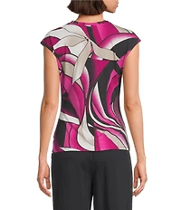 Feather Gray Swirl Leave Crew Neck Cap Sleeve Side Ruched Top