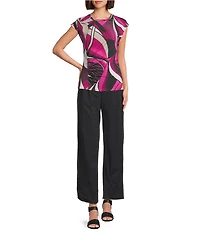 Feather Gray Swirl Leave Crew Neck Cap Sleeve Side Ruched Top