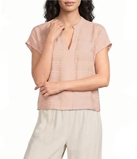 Feather Gray Textured Shadow Stripe Stretch V-Neck Short Sleeve Top