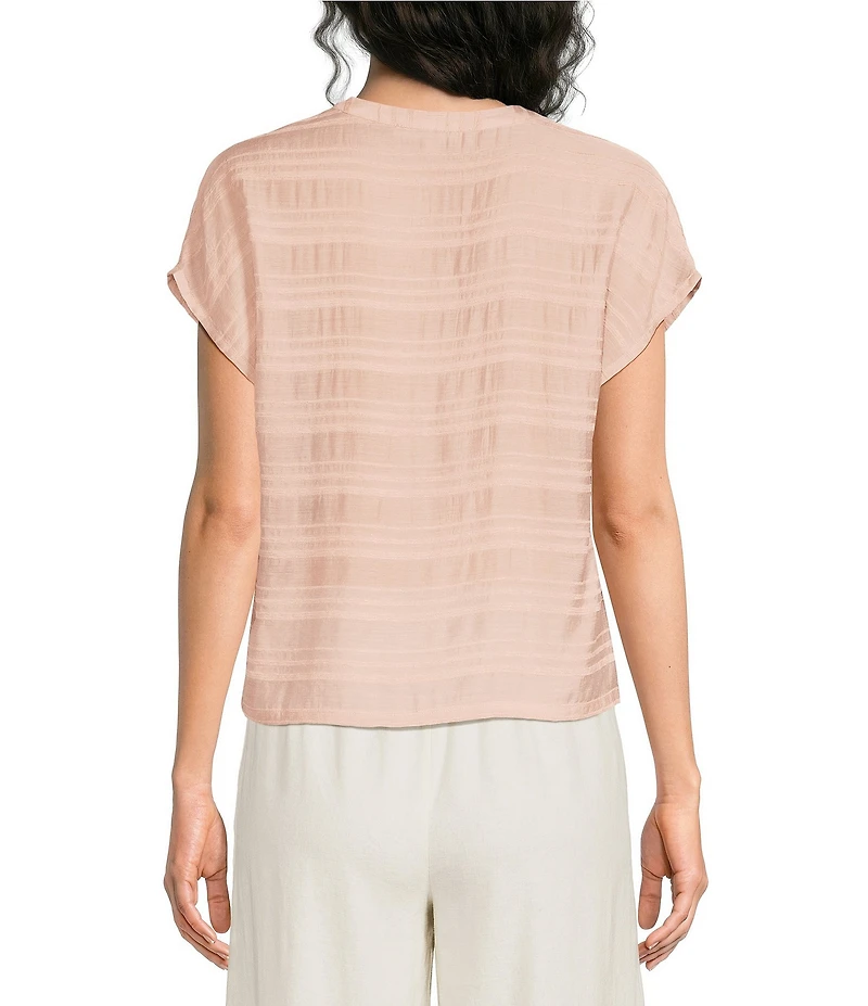 Feather Gray Textured Shadow Stripe Stretch V-Neck Short Sleeve Top