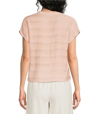 Feather Gray Textured Shadow Stripe Stretch V-Neck Short Sleeve Top
