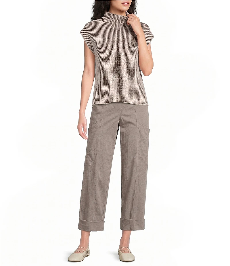 Feather Gray Two-Tone Knit Mock Neck Cap Sleeve Sweater
