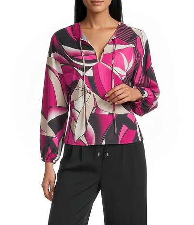 Feather Gray Crinkle Knit Swirl Leave Print Split V-Neck Balloon Sleeve Blouse