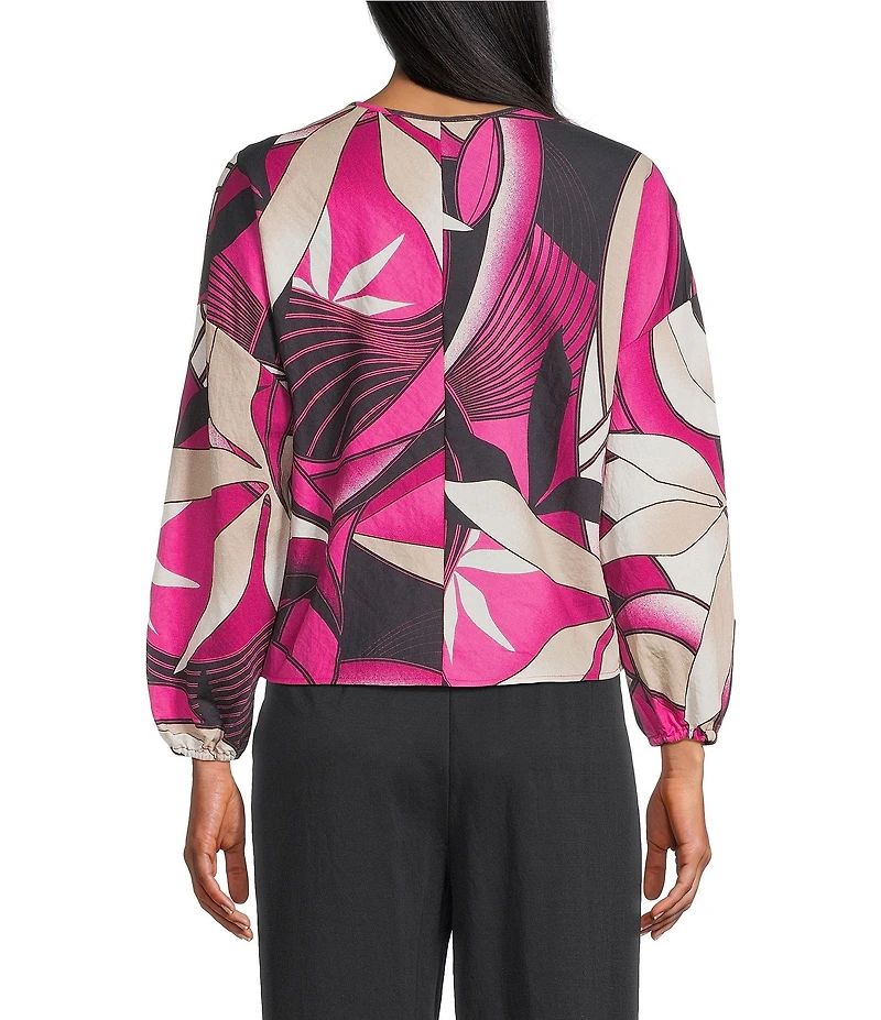 Feather Gray Crinkle Knit Swirl Leave Print Split V-Neck Balloon Sleeve Blouse