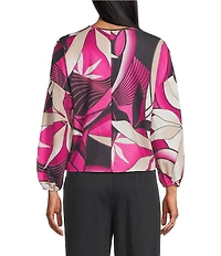 Feather Gray Crinkle Knit Swirl Leave Print Split V-Neck Balloon Sleeve Blouse