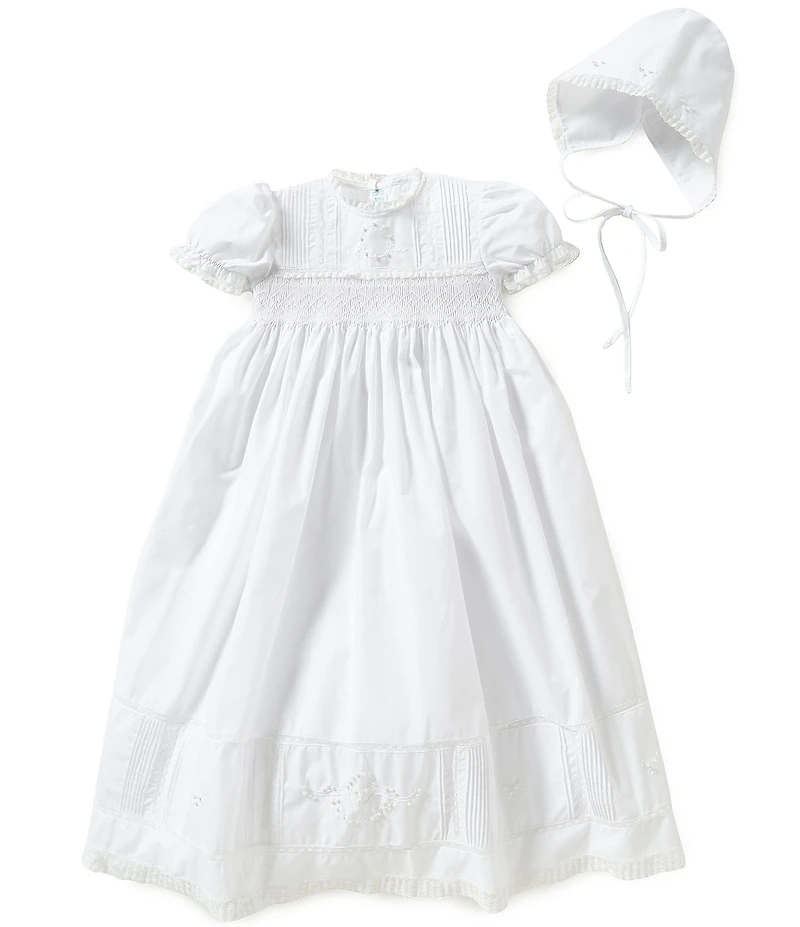 Feltman Brothers Baby Girls Smocked Lace-Trimmed Embroidered Christening Gown and Hat Set