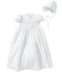 Feltman Brothers Baby Girls Smocked Lace-Trimmed Embroidered Christening Gown and Hat Set
