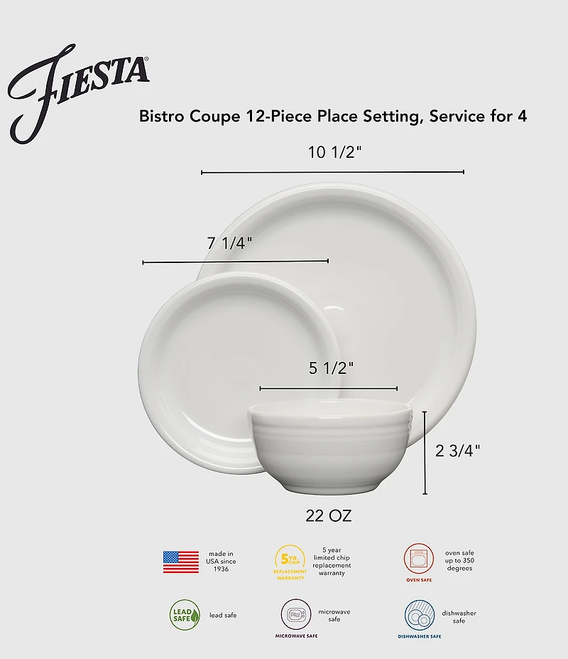 Fiesta Bistro Coupe 12-Piece Dinnerware Set, Service for 4