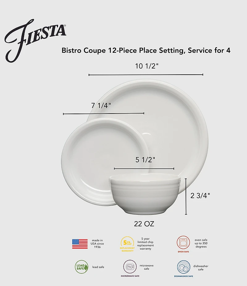 Fiesta Bistro Coupe 12-Piece Mixed Vibrant Dinnerware Set, Service for 4