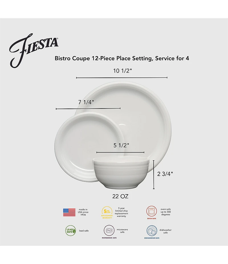 Fiesta Bistro Coupe 12-Piece Mixed Vibrant Dinnerware Set, Service for 4