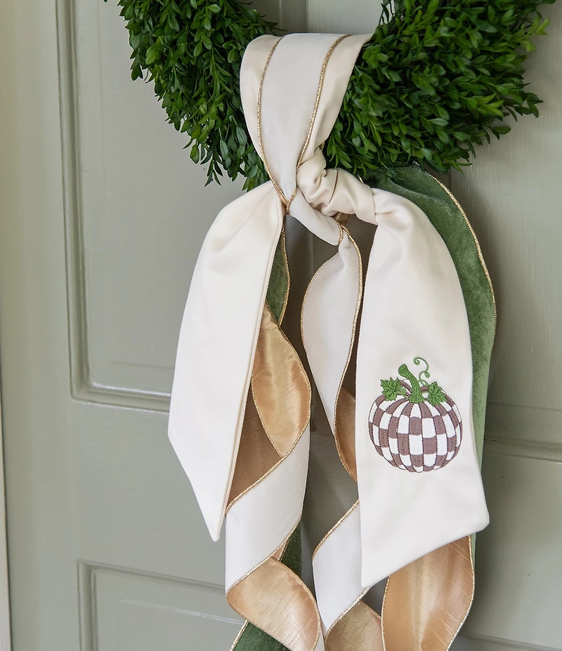 Fig & Dove Checked Taupe Pumpkin Embroidered Wreath Sash
