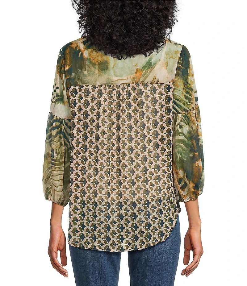 Figueroa & Flower Chiffon Woven Mix Printed Mandarin Collar 3/4 Sleeve Button-Front Blouse