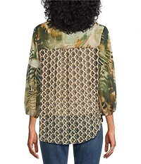 Figueroa & Flower Chiffon Woven Mix Printed Mandarin Collar 3/4 Sleeve Button-Front Blouse