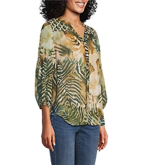 Figueroa & Flower Chiffon Woven Mix Printed Mandarin Collar 3/4 Sleeve Button-Front Blouse