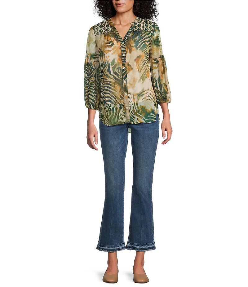 Figueroa & Flower Chiffon Woven Mix Printed Mandarin Collar 3/4 Sleeve Button-Front Blouse