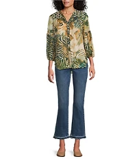 Figueroa & Flower Chiffon Woven Mix Printed Mandarin Collar 3/4 Sleeve Button-Front Blouse