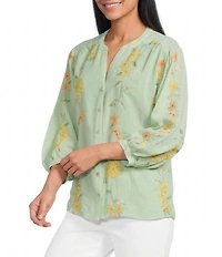 Figueroa & Flower Embroidered Floral Split V-Neck 3/4 Sleeve Relaxed Button Front Shirt