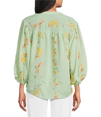 Figueroa & Flower Embroidered Floral Split V-Neck 3/4 Sleeve Relaxed Button Front Shirt