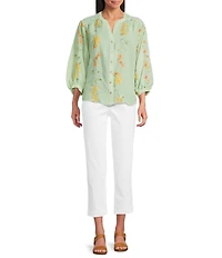 Figueroa & Flower Embroidered Floral Split V-Neck 3/4 Sleeve Relaxed Button Front Shirt